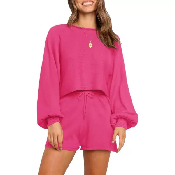 imageZESICA Womens Casual Long Sleeve Solid Color Knit Pullover Sweatsuit 2 Piece Short Sweater Outfits SetsRose