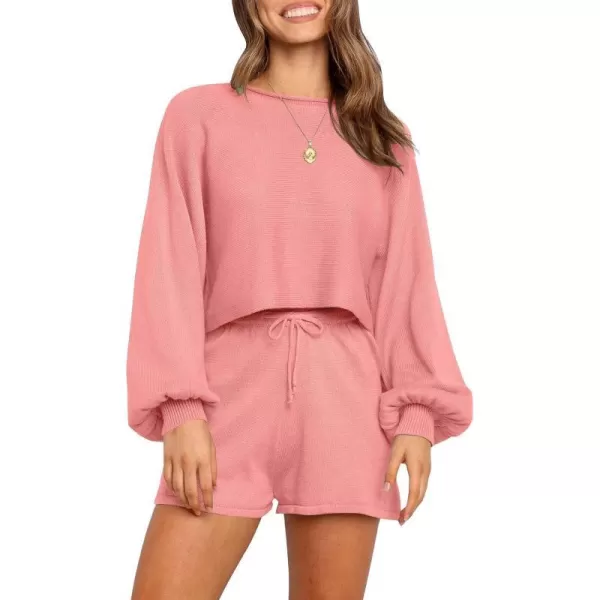 imageZESICA Womens Casual Long Sleeve Solid Color Knit Pullover Sweatsuit 2 Piece Short Sweater Outfits SetsRosepink