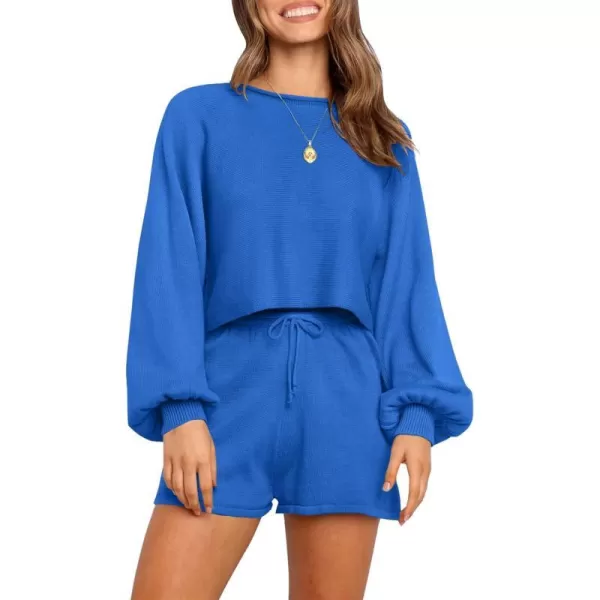 imageZESICA Womens Casual Long Sleeve Solid Color Knit Pullover Sweatsuit 2 Piece Short Sweater Outfits SetsRoyalblue