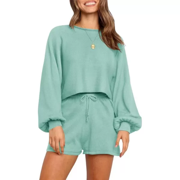 imageZESICA Womens Casual Long Sleeve Solid Color Knit Pullover Sweatsuit 2 Piece Short Sweater Outfits SetsSage