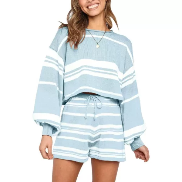 imageZESICA Womens Casual Long Sleeve Solid Color Knit Pullover Sweatsuit 2 Piece Short Sweater Outfits SetsStripedblue