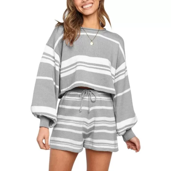 imageZESICA Womens Casual Long Sleeve Solid Color Knit Pullover Sweatsuit 2 Piece Short Sweater Outfits SetsStripedgrey