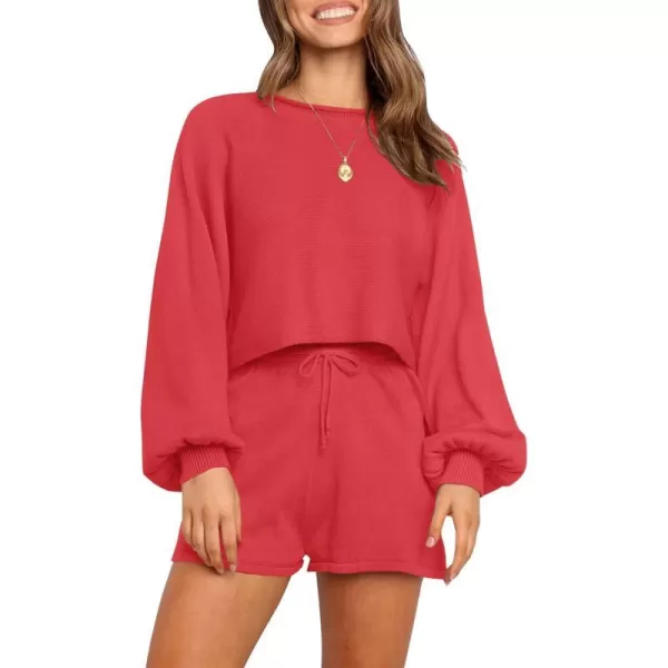 imageZESICA Womens Casual Long Sleeve Solid Color Knit Pullover Sweatsuit 2 Piece Short Sweater Outfits SetsWatermelon
