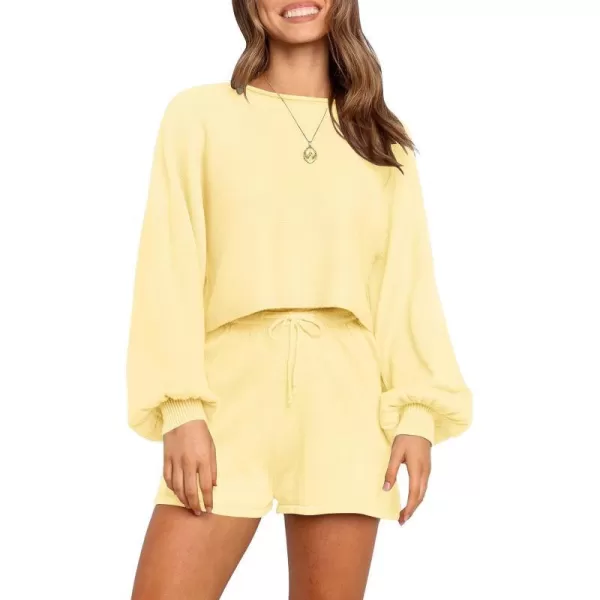 imageZESICA Womens Casual Long Sleeve Solid Color Knit Pullover Sweatsuit 2 Piece Short Sweater Outfits SetsYellow