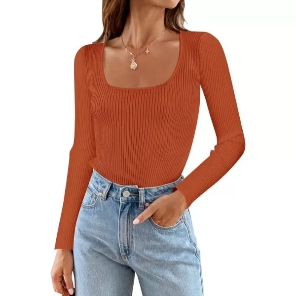 imageZESICA Womens Casual Long Sleeve Tops Square Neck Basic Shirts Fall Winter Slim Fitted Ribbed Knit SweatersCaramel