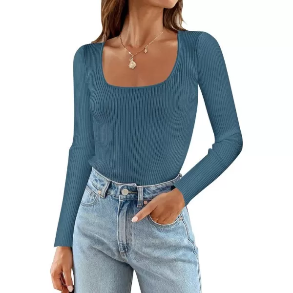 imageZESICA Womens Casual Long Sleeve Tops Square Neck Basic Shirts Fall Winter Slim Fitted Ribbed Knit SweatersDarkblue