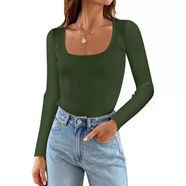 imageZESICA Womens Casual Long Sleeve Tops Square Neck Basic Shirts Fall Winter Slim Fitted Ribbed Knit SweatersDarkgreen