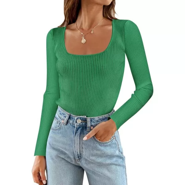 imageZESICA Womens Casual Long Sleeve Tops Square Neck Basic Shirts Fall Winter Slim Fitted Ribbed Knit SweatersGreen