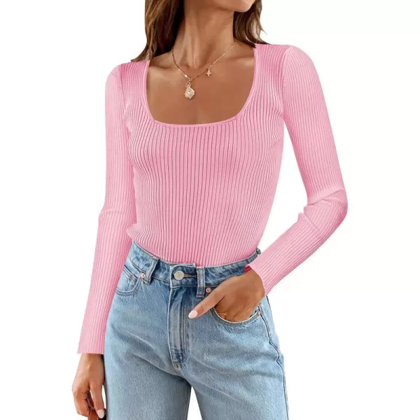 imageZESICA Womens Casual Long Sleeve Tops Square Neck Basic Shirts Fall Winter Slim Fitted Ribbed Knit SweatersHotpink