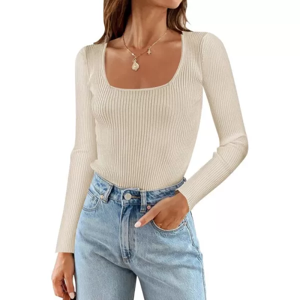 imageZESICA Womens Casual Long Sleeve Tops Square Neck Basic Shirts Fall Winter Slim Fitted Ribbed Knit SweatersSand