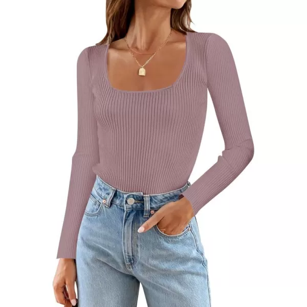 imageZESICA Womens Casual Long Sleeve Tops Square Neck Basic Shirts Fall Winter Slim Fitted Ribbed Knit SweatersTaro