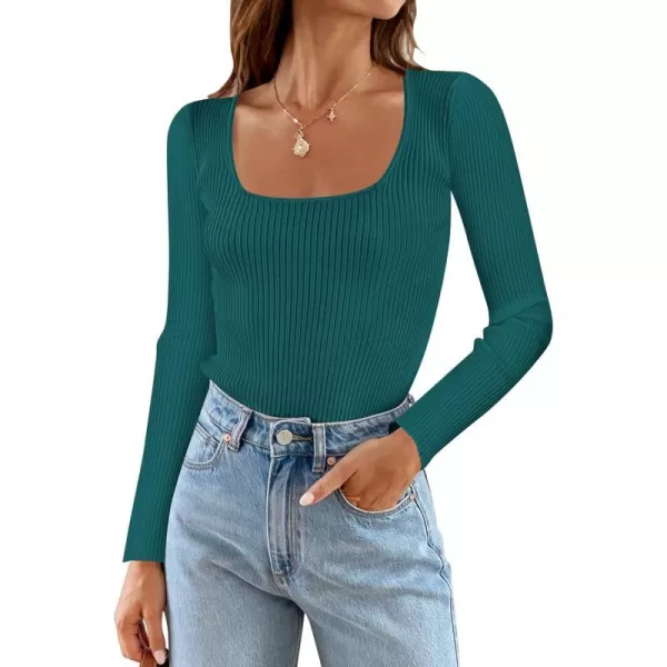 imageZESICA Womens Casual Long Sleeve Tops Square Neck Basic Shirts Fall Winter Slim Fitted Ribbed Knit SweatersTeal