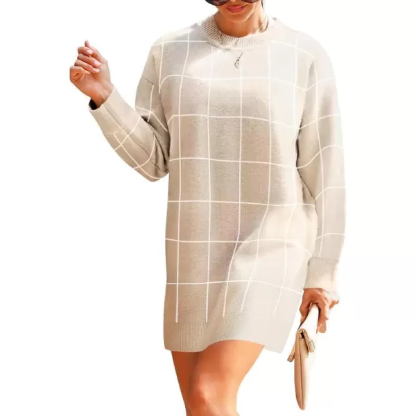 imageZESICA Womens Casual Long Sleeve Tunic Sweater Dress Crew Neck Plaid Knit Oversized Pullover Jumper TopsApricot