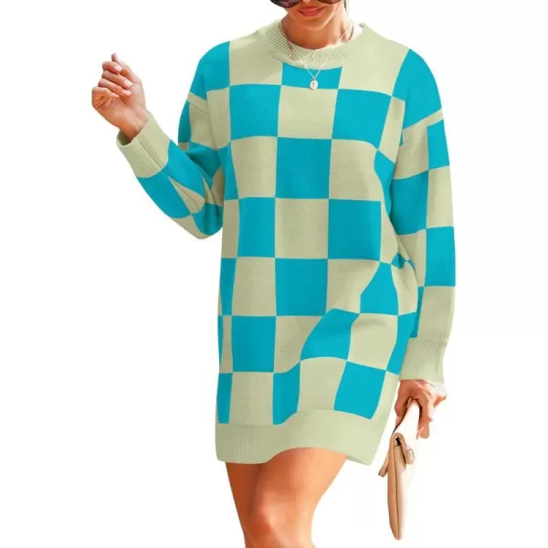 imageZESICA Womens Casual Long Sleeve Tunic Sweater Dress Crew Neck Plaid Knit Oversized Pullover Jumper TopsAqua
