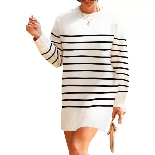 imageZESICA Womens Casual Long Sleeve Tunic Sweater Dress Crew Neck Plaid Knit Oversized Pullover Jumper TopsBeige