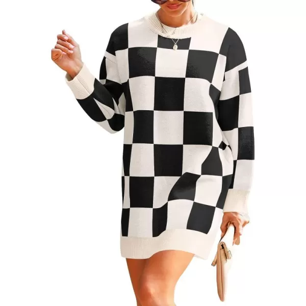 imageZESICA Womens Casual Long Sleeve Tunic Sweater Dress Crew Neck Plaid Knit Oversized Pullover Jumper TopsBlack
