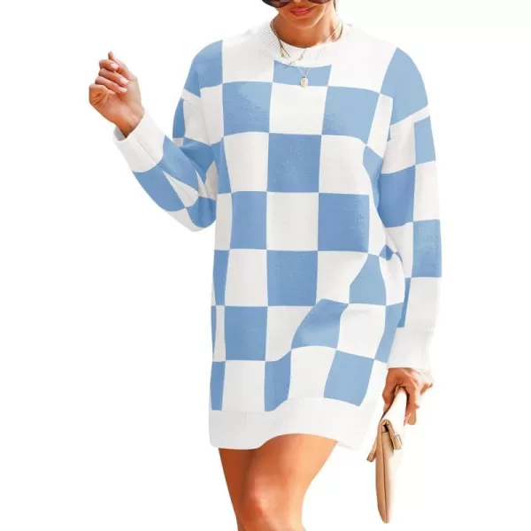 imageZESICA Womens Casual Long Sleeve Tunic Sweater Dress Crew Neck Plaid Knit Oversized Pullover Jumper TopsBlue