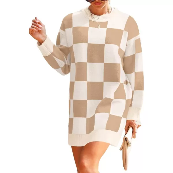 imageZESICA Womens Casual Long Sleeve Tunic Sweater Dress Crew Neck Plaid Knit Oversized Pullover Jumper TopsKhaki