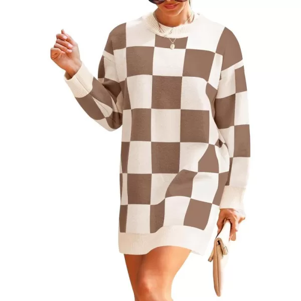 imageZESICA Womens Casual Long Sleeve Tunic Sweater Dress Crew Neck Plaid Knit Oversized Pullover Jumper TopsLightcoffee