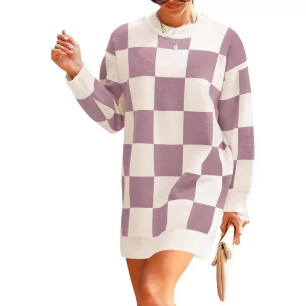 imageZESICA Womens Casual Long Sleeve Tunic Sweater Dress Crew Neck Plaid Knit Oversized Pullover Jumper TopsPurple