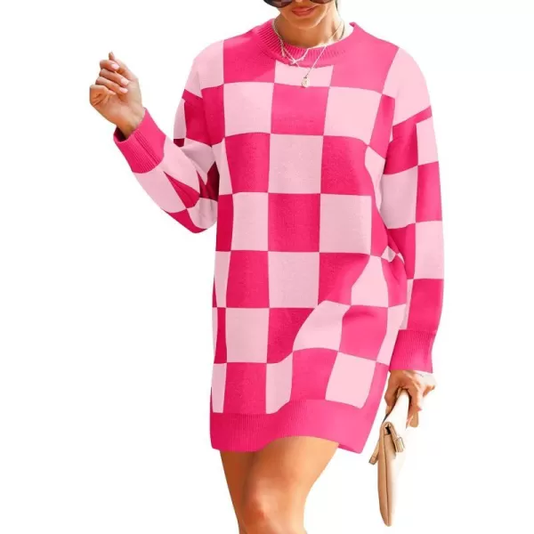 imageZESICA Womens Casual Long Sleeve Tunic Sweater Dress Crew Neck Plaid Knit Oversized Pullover Jumper TopsRose