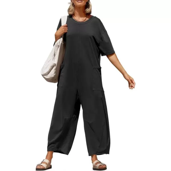 imageZESICA Womens Casual Loose Jumpsuits 2024 Short Sleeve Crewneck Backless Baggy Wide Leg Long Pant Overalls RompersBlack