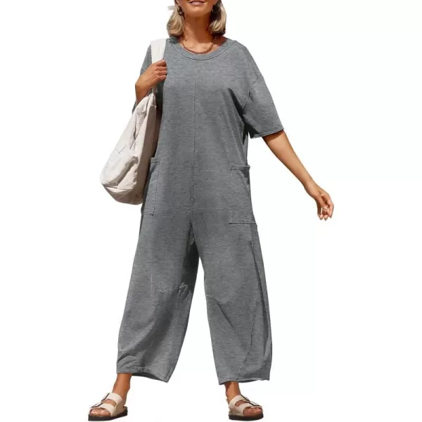 imageZESICA Womens Casual Loose Jumpsuits 2024 Short Sleeve Crewneck Backless Baggy Wide Leg Long Pant Overalls RompersGrey