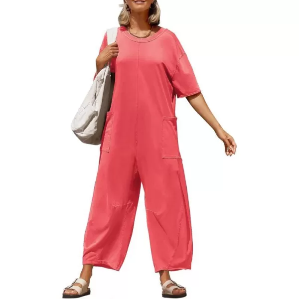 imageZESICA Womens Casual Loose Jumpsuits 2024 Short Sleeve Crewneck Backless Baggy Wide Leg Long Pant Overalls RompersWatermelonred