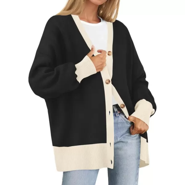 imageZESICA Womens Casual Loose Knitted Cardigan Long Sleeve Open Front Contrast Color Button Down Oversized Sweater CoatsBlack