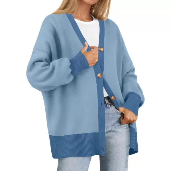 imageZESICA Womens Casual Loose Knitted Cardigan Long Sleeve Open Front Contrast Color Button Down Oversized Sweater CoatsBlue