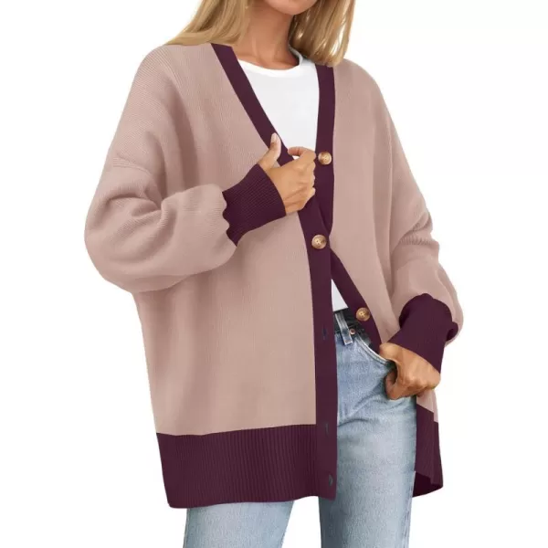 imageZESICA Womens Casual Loose Knitted Cardigan Long Sleeve Open Front Contrast Color Button Down Oversized Sweater CoatsDarkpink