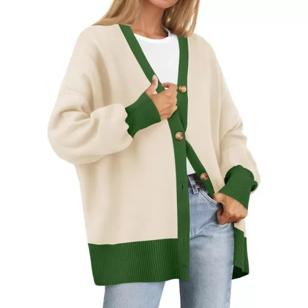 imageZESICA Womens Casual Loose Knitted Cardigan Long Sleeve Open Front Contrast Color Button Down Oversized Sweater CoatsGreen