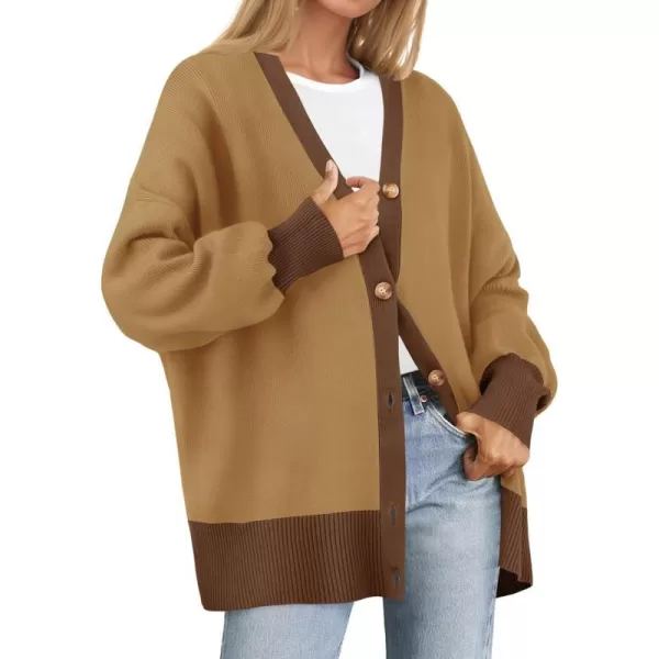 imageZESICA Womens Casual Loose Knitted Cardigan Long Sleeve Open Front Contrast Color Button Down Oversized Sweater CoatsKhaki