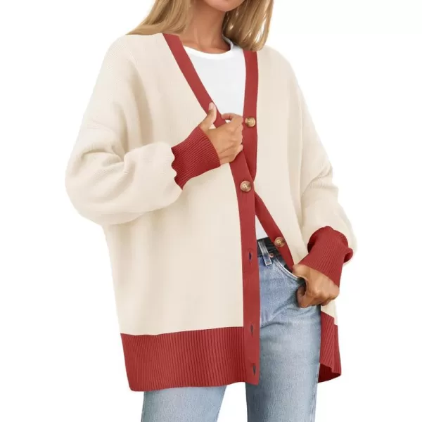 imageZESICA Womens Casual Loose Knitted Cardigan Long Sleeve Open Front Contrast Color Button Down Oversized Sweater CoatsRed