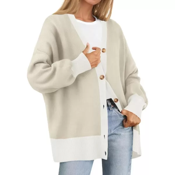 imageZESICA Womens Casual Loose Knitted Cardigan Long Sleeve Open Front Contrast Color Button Down Oversized Sweater CoatsSand