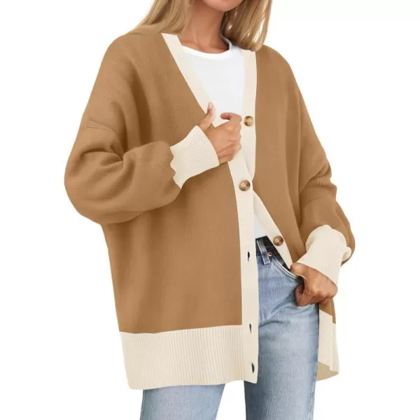 imageZESICA Womens Casual Loose Knitted Cardigan Long Sleeve Open Front Contrast Color Button Down Oversized Sweater CoatsToffee