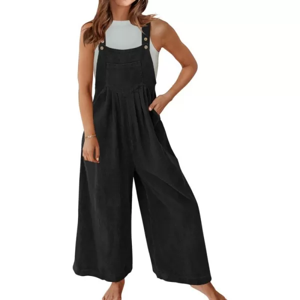 imageZESICA Womens Casual Overalls Jumpsuits Loose Corduroy Bib Adjustable Straps Wide Leg Long Pant Romper with PocketsBlack