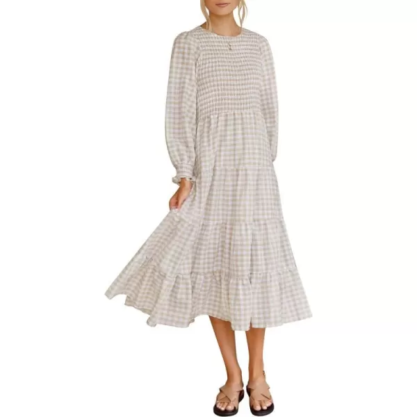 imageZESICA Womens Casual Plaid Crew Neck Long Puff Sleeve Elastic Waist Smocked Flowy Tiered Midi DressBeige