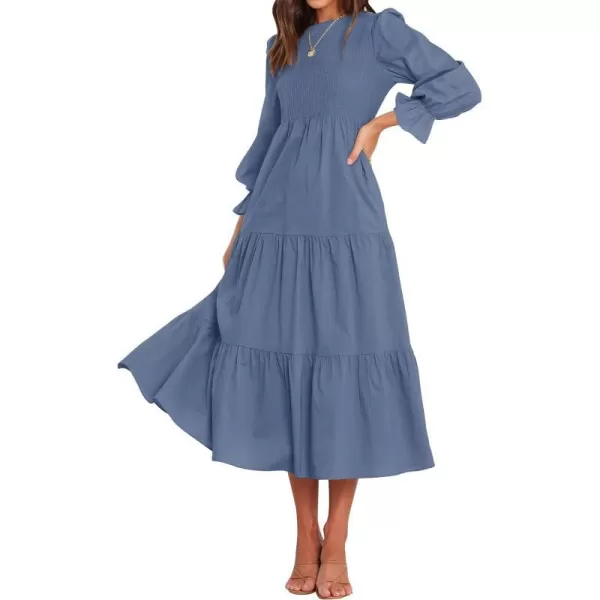 imageZESICA Womens Casual Plaid Crew Neck Long Puff Sleeve Elastic Waist Smocked Flowy Tiered Midi DressDustyblue