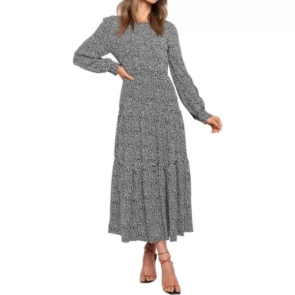 imageZESICA Womens Casual Plaid Crew Neck Long Puff Sleeve Elastic Waist Smocked Flowy Tiered Midi DressFloralblack