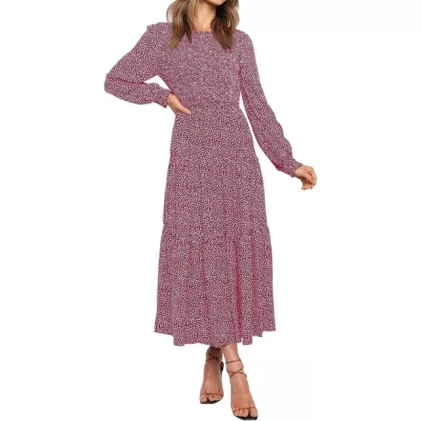 imageZESICA Womens Casual Plaid Crew Neck Long Puff Sleeve Elastic Waist Smocked Flowy Tiered Midi DressFloralred