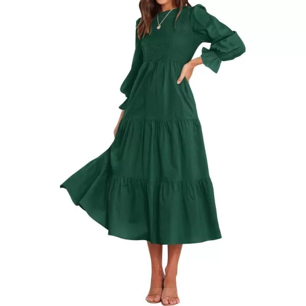 imageZESICA Womens Casual Plaid Crew Neck Long Puff Sleeve Elastic Waist Smocked Flowy Tiered Midi DressForestgreen