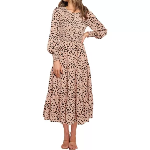 imageZESICA Womens Casual Plaid Crew Neck Long Puff Sleeve Elastic Waist Smocked Flowy Tiered Midi DressLeopard