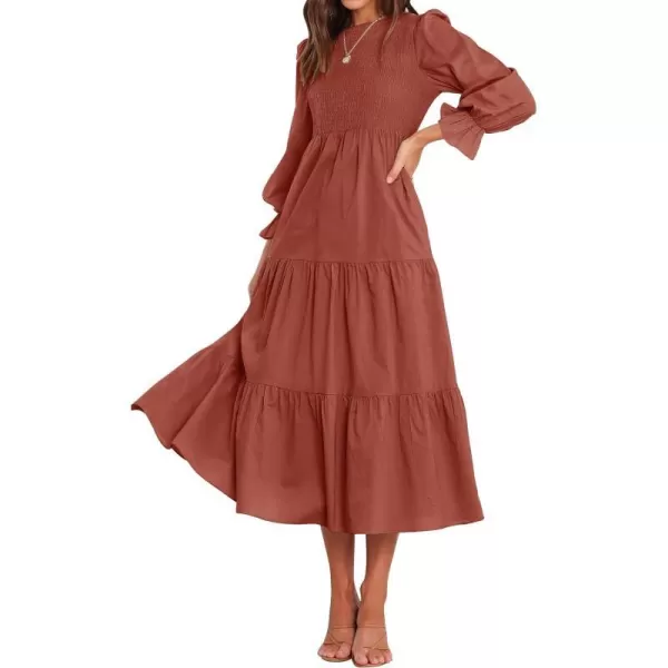imageZESICA Womens Casual Plaid Crew Neck Long Puff Sleeve Elastic Waist Smocked Flowy Tiered Midi DressRust