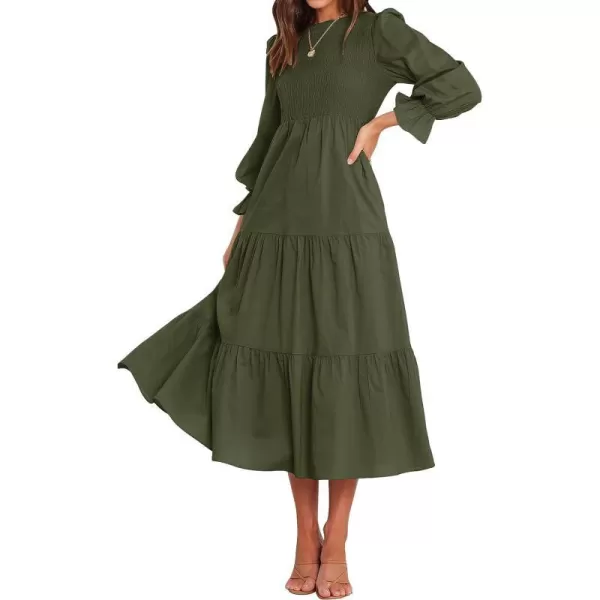 imageZESICA Womens Casual Plaid Crew Neck Long Puff Sleeve Elastic Waist Smocked Flowy Tiered Midi DressSolidarmygreen