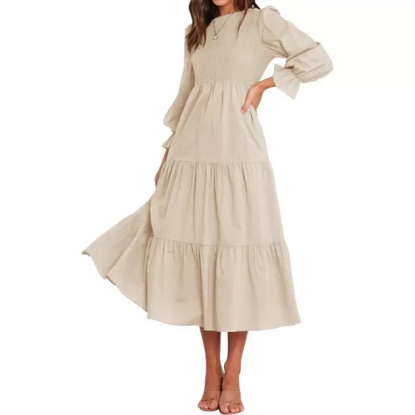 imageZESICA Womens Casual Plaid Crew Neck Long Puff Sleeve Elastic Waist Smocked Flowy Tiered Midi DressSolidbeige