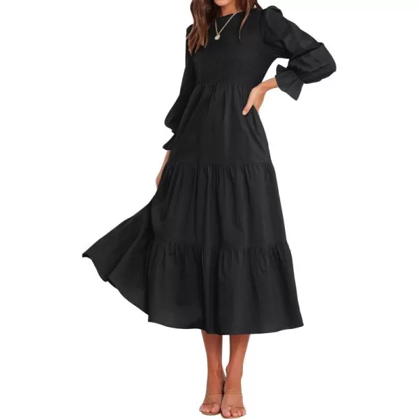 imageZESICA Womens Casual Plaid Crew Neck Long Puff Sleeve Elastic Waist Smocked Flowy Tiered Midi DressSolidblack