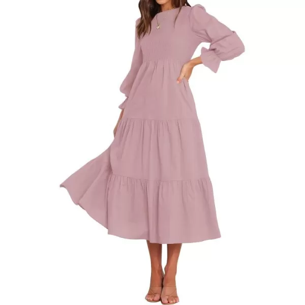imageZESICA Womens Casual Plaid Crew Neck Long Puff Sleeve Elastic Waist Smocked Flowy Tiered Midi DressSolidpink