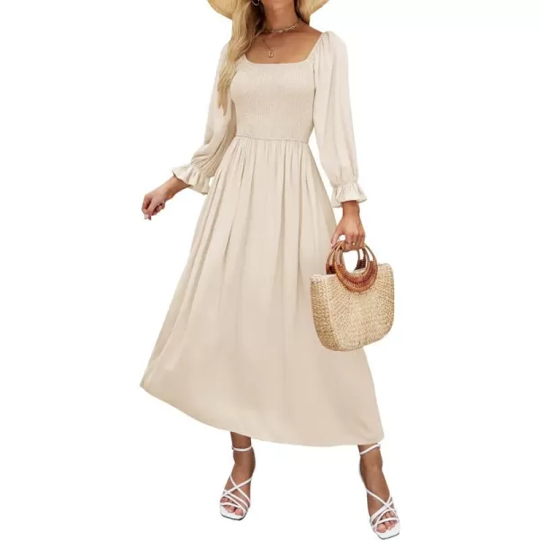 imageZESICA Womens Casual Square Neck 34 Puff Sleeve Solid Color Smocked High Waist Flowy Midi DressBeige