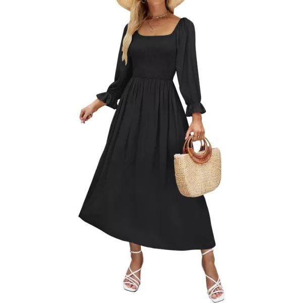 imageZESICA Womens Casual Square Neck 34 Puff Sleeve Solid Color Smocked High Waist Flowy Midi DressBlack